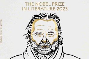 Nobel letteratura 2023 vignetta con uno scrittore con la barba